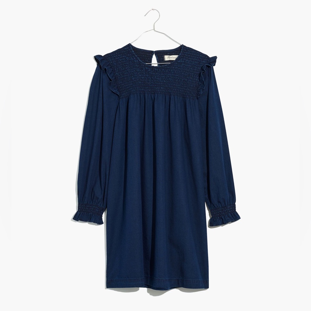 Madewell Indigo Ruffle-Neck Smocked Babydoll Dress
